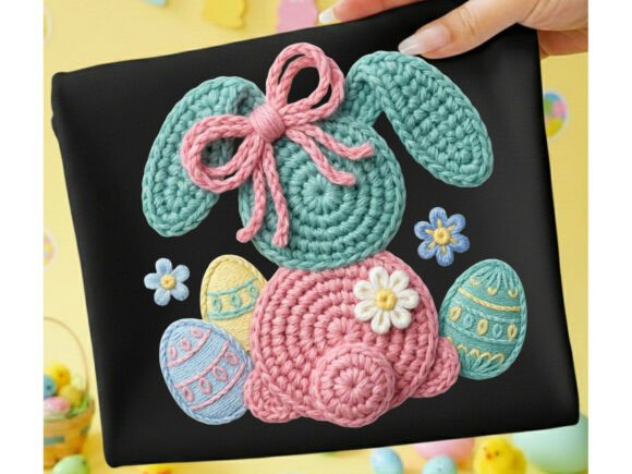 Easter Bunny & Eggs Faux Yarn Tshirt Png: A Textured Design Asset